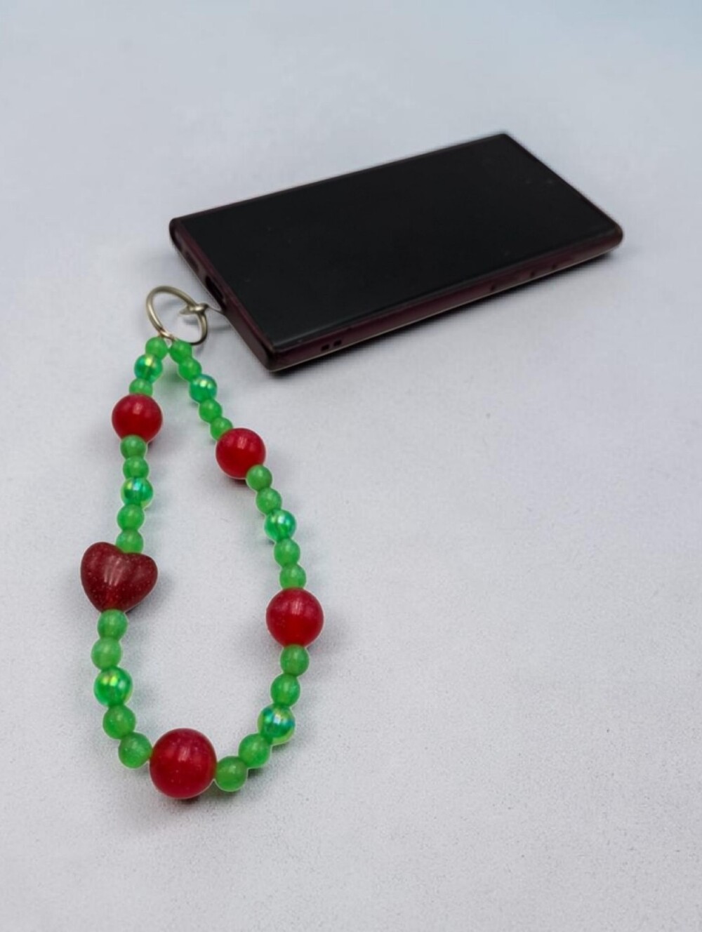 Handmade Red and Green Beaded Phone Charm